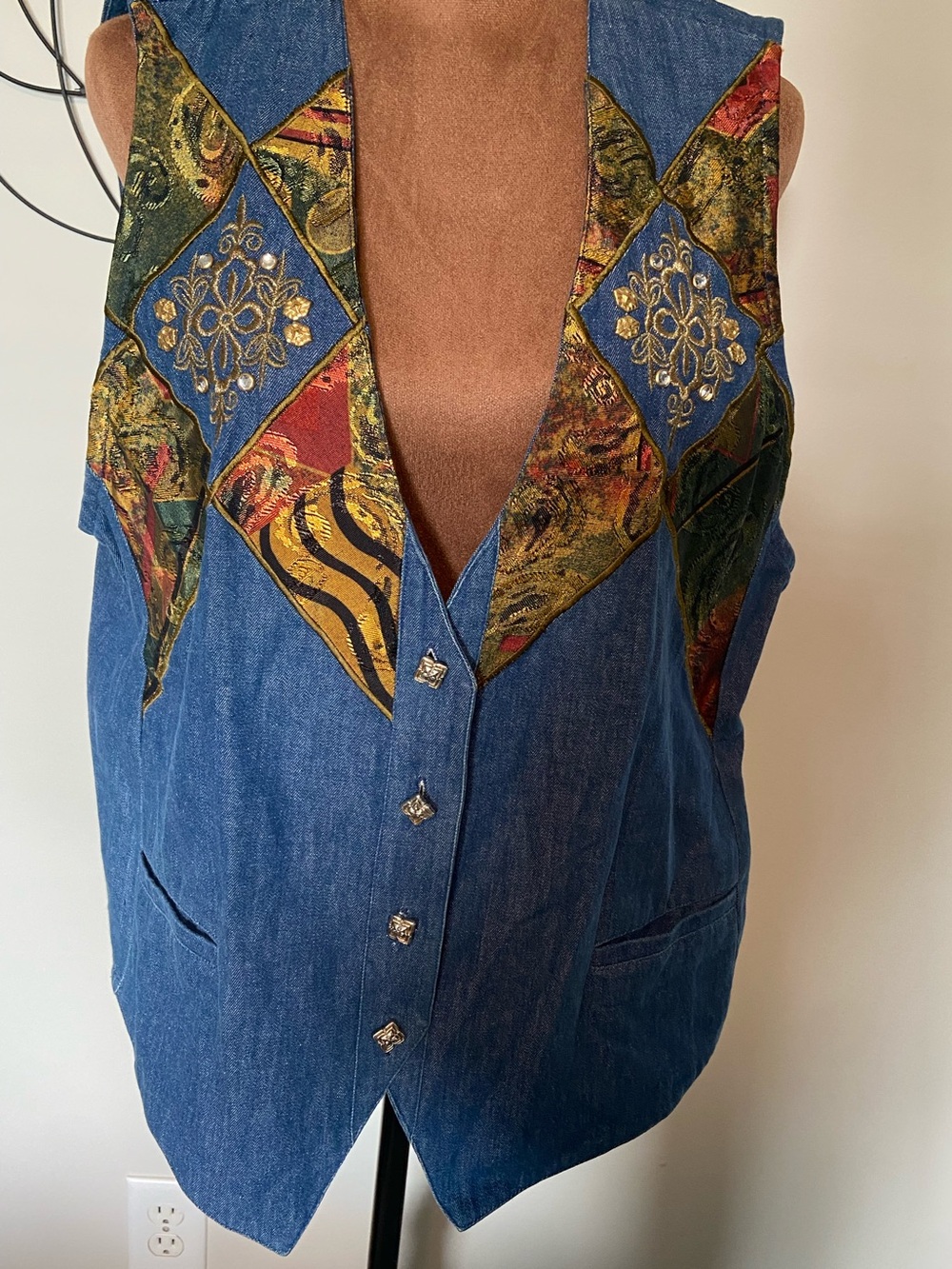 Vintage 90s INFO USA Patchwork Tapestry Denim Vest women’s Large
